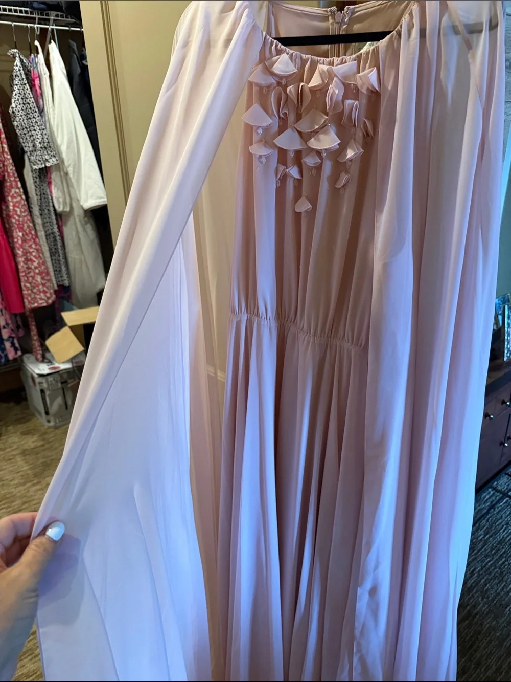 Sachin + Babi Blush Pink Chiffon Ruffled Cape Gown
